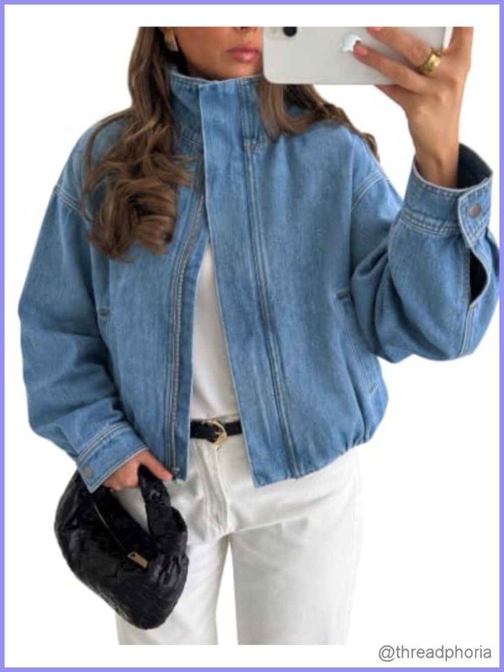 Cropped Denim Bomber Jacket Zip Up Jean Coat Women's Casual